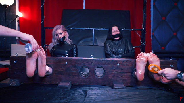 Klavdia and Taisia - Double Tickling in Big Stocks in Catsuit and Straight Jacket