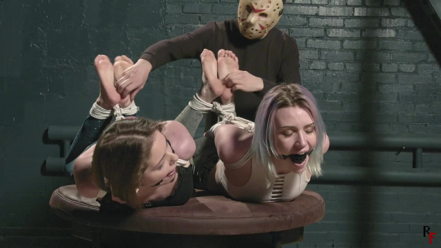 Leya And Astrid - Two Cuties Are Hogtied Together On The Turntable